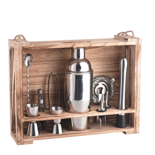 NNEOBA 11PC Bartender Cocktail Shaker Mixer Kit with Wooden Shelf-0