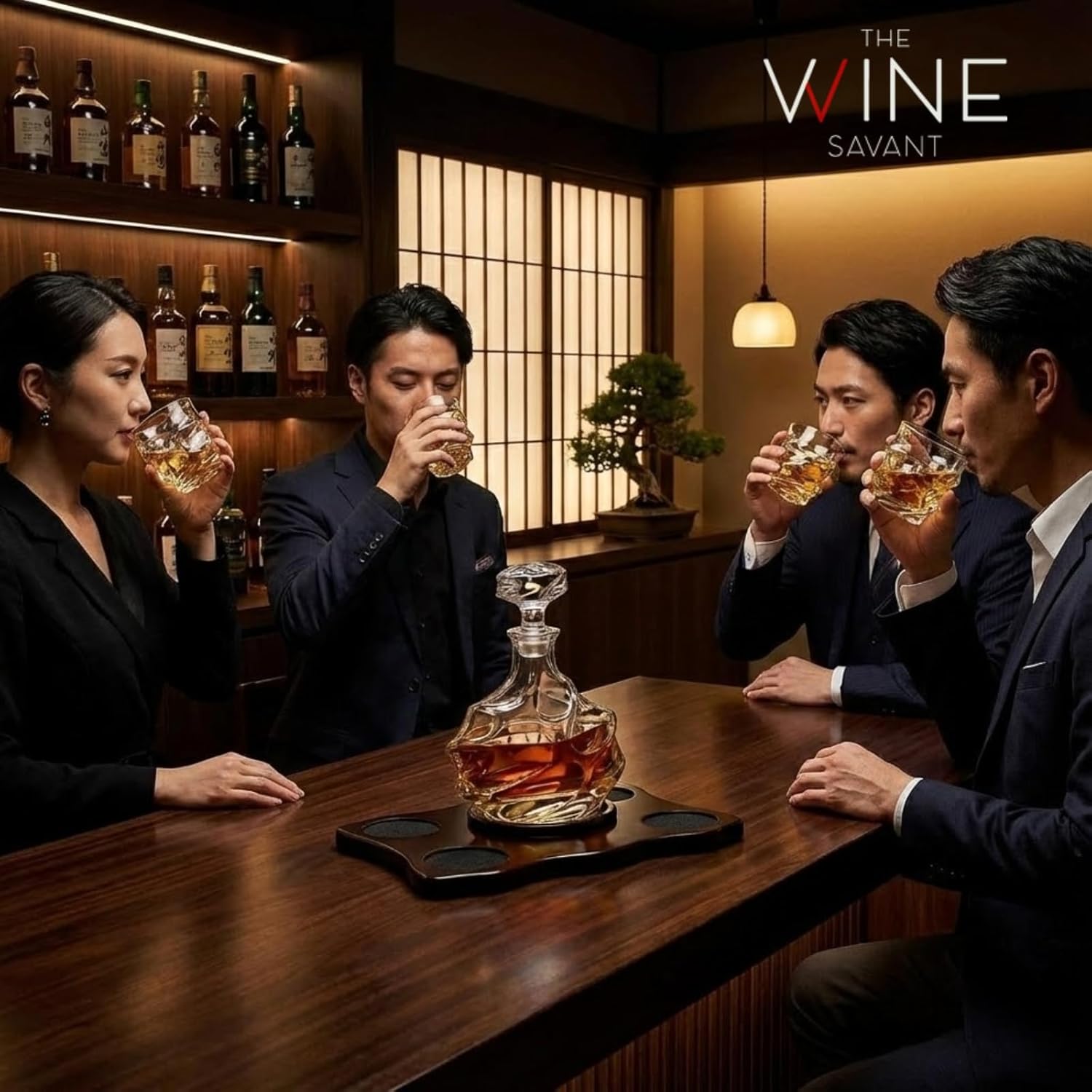 Storm Japanese Crystal Whisky Decanter Set with 4 Tumbler Glasses