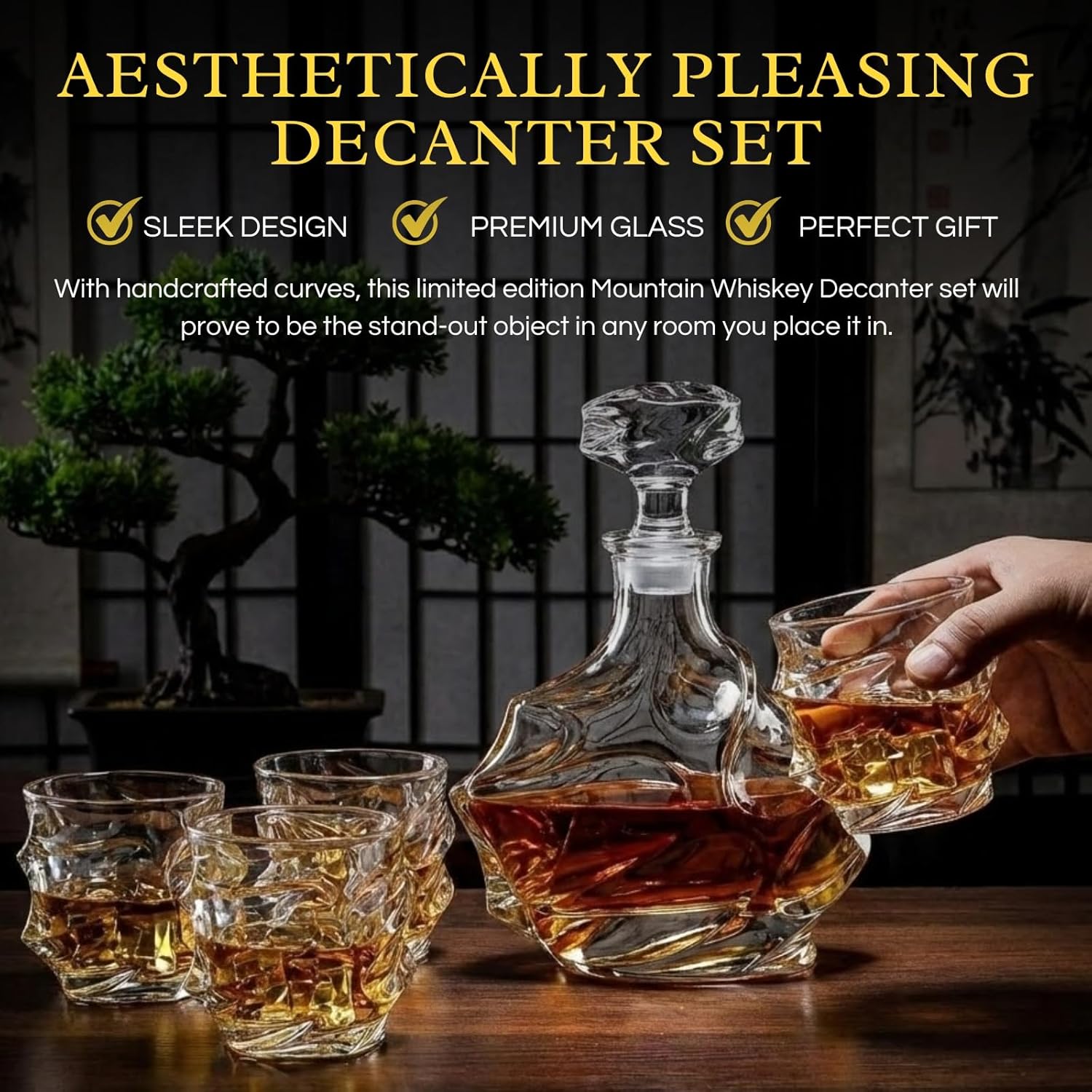 Storm Japanese Crystal Whisky Decanter Set with 4 Tumbler Glasses