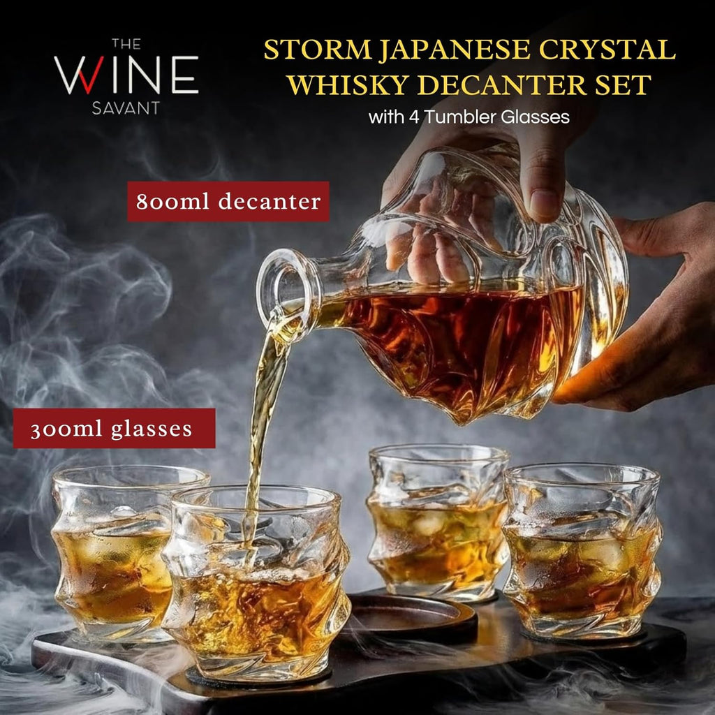 Storm Japanese Crystal Whisky Decanter Set with 4 Tumbler Glasses