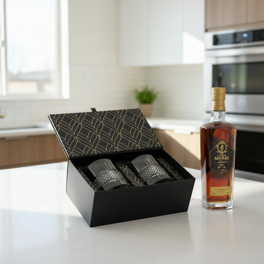 An open black gift box with a geometric gold patterned lid sits on a white kitchen counter, containing two rolled black napkins or table linens with textured patterns.