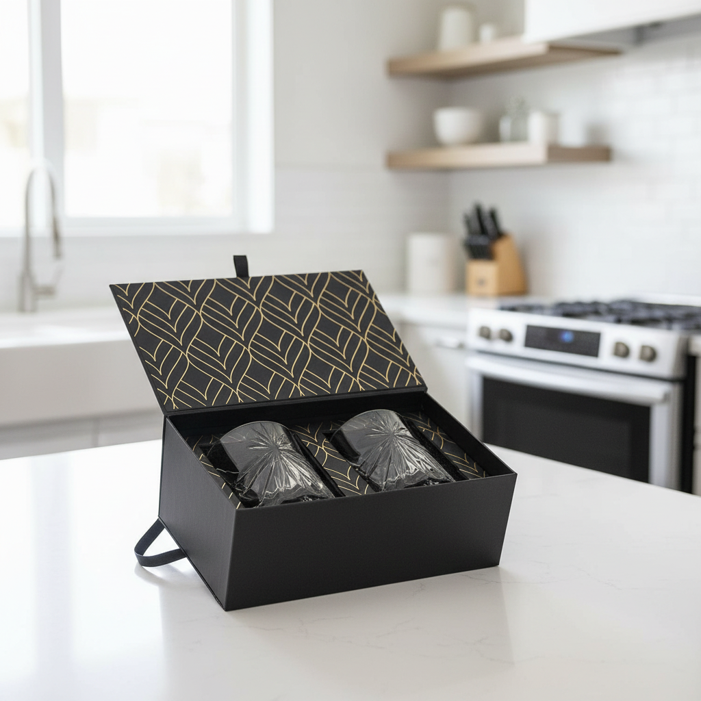 A black gift box with an open lid, featuring a geometric gold pattern on the inside lid and two dark gray textured items nestled in the bottom. The box is placed on a white kitchen countertop with a blurred modern kitchen in the background.
