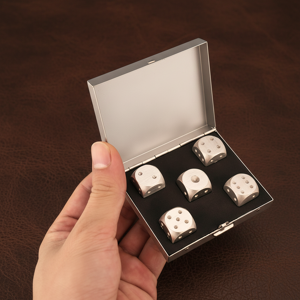 Hand holding a metallic dice set with six silver dice in an open case on a white background