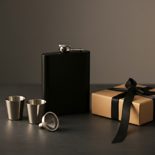8oz Black Hip Flask Gift Box Scene