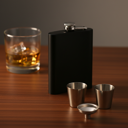 8oz Black Hip Flask Gift Set Lifestyle