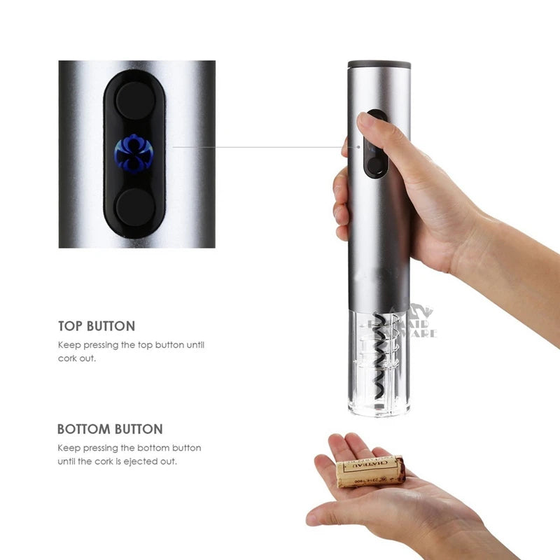 Electric wine opener with a hand holding a cork, showing how to use it.
