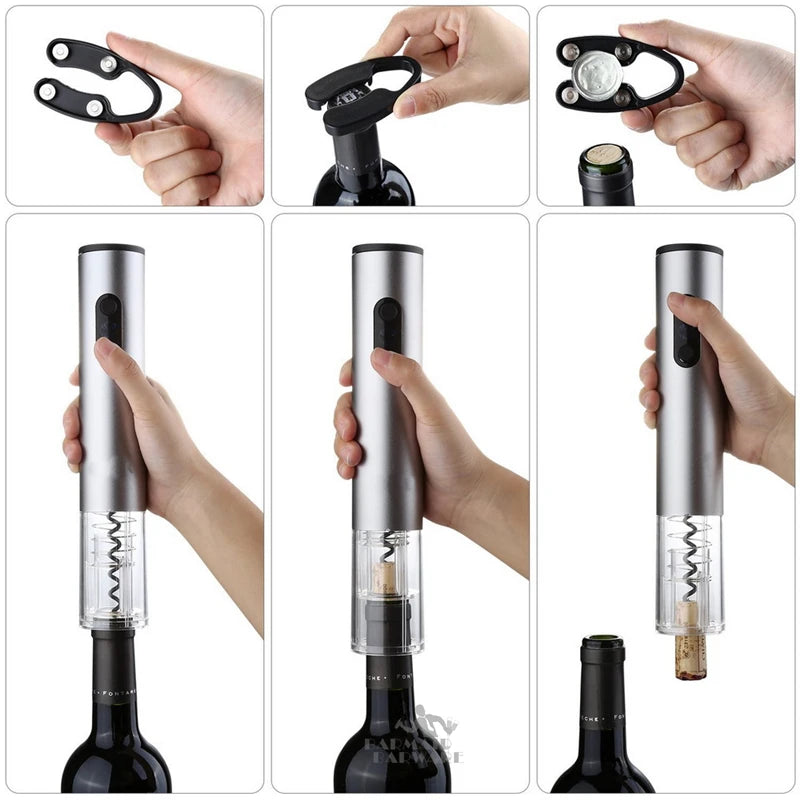 Multistep process of using a wine opener on a bottle, with close-up shots of hands and tool.