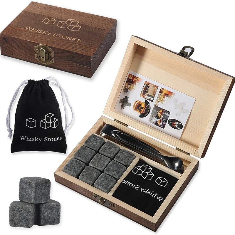 Whiskey Stones Set - 9 Granite Chilling Rocks with Velvet Bag & Metal Tong