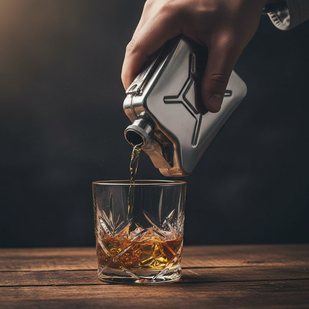 metal jerry can shaped flask pouring a drink