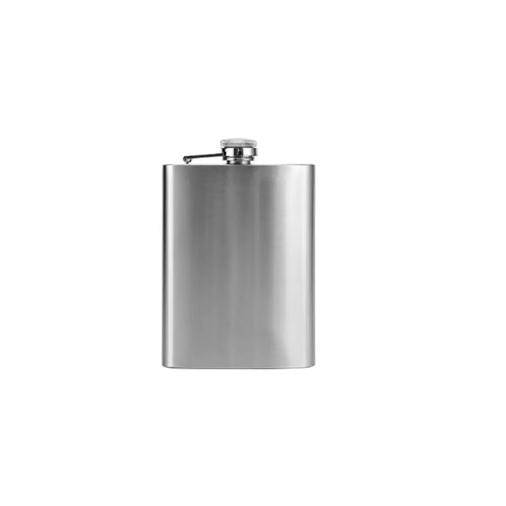 A brushed stainless steel flask with a screw-top lid and small metal spout, centered on a plain white background.