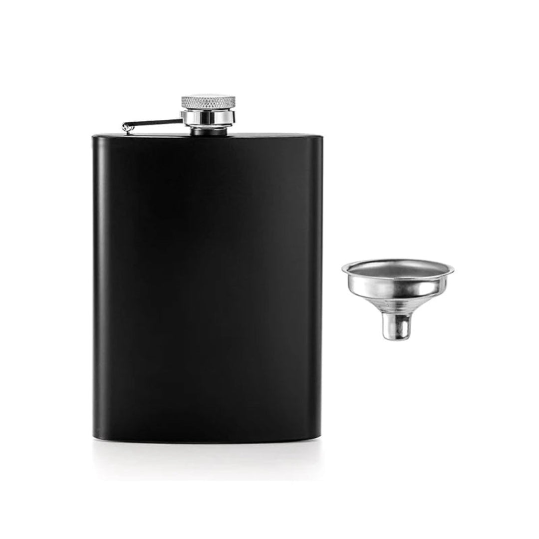 Black hip flask with silver cap and funnel on a white background