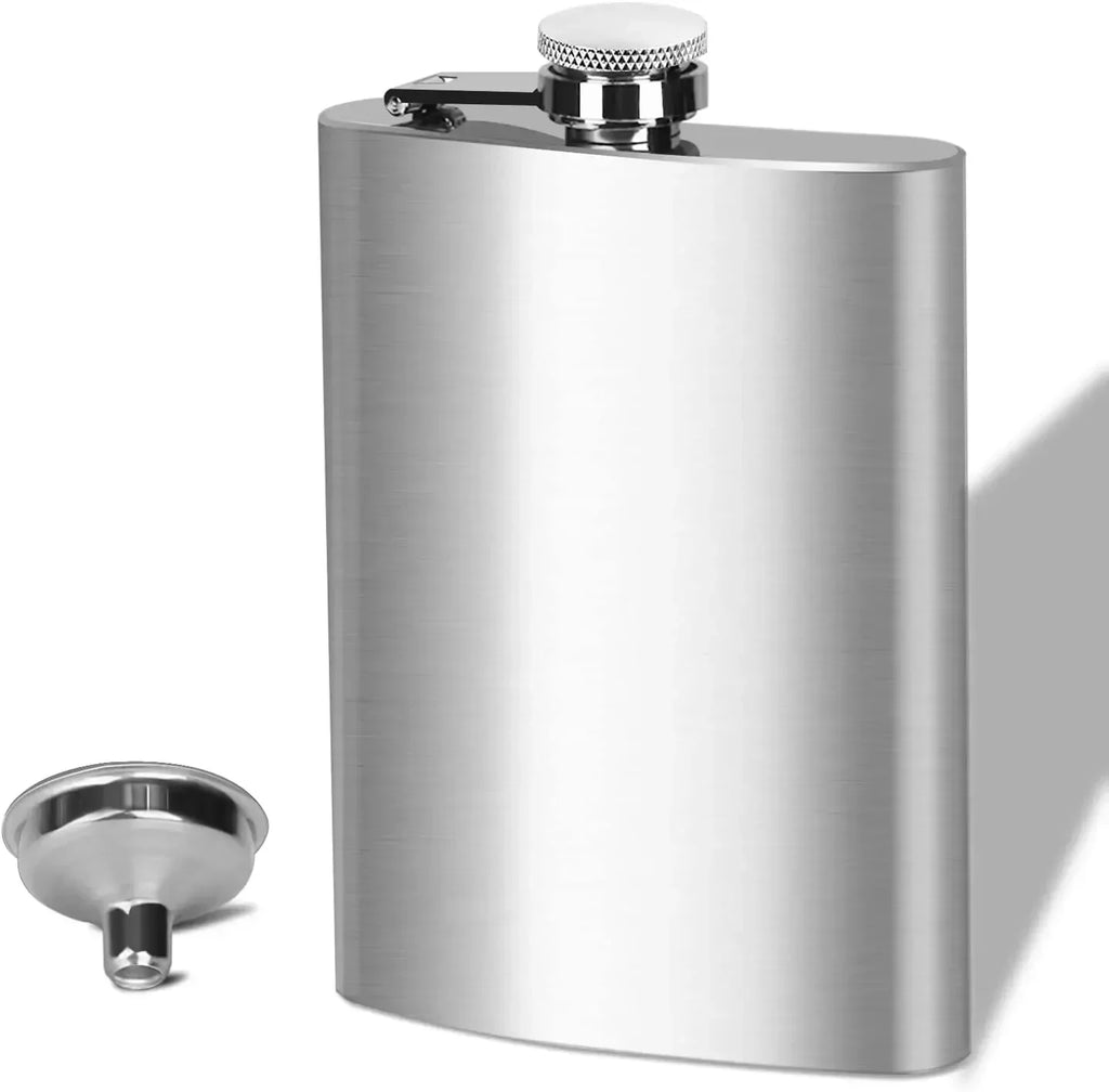 Stainless steel hip flask with funnel on a white background