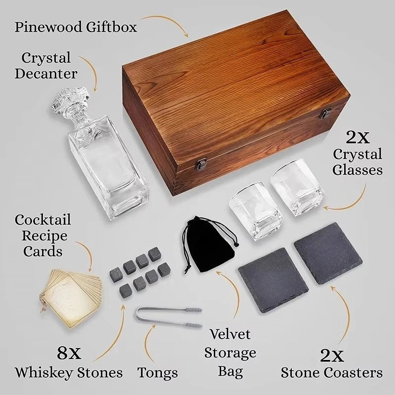 Classic Decanter & 2 Glasses Gift Set in Wooden Box