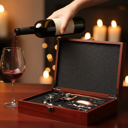 Bronze bottle opener set in a wooden gift box on a white background