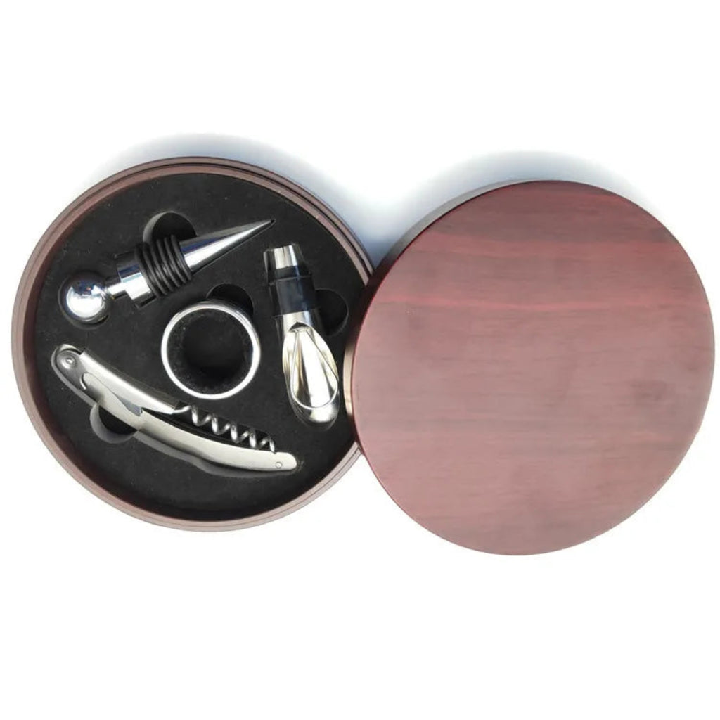 Wine accessory set with corkscrew, bottle stopper, and other tools in a wooden case on a white background.