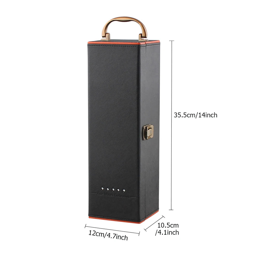 A tall black wine bottle carrier with a top handle, shown on a white background with dimension lines and measurements for height, width, and depth.