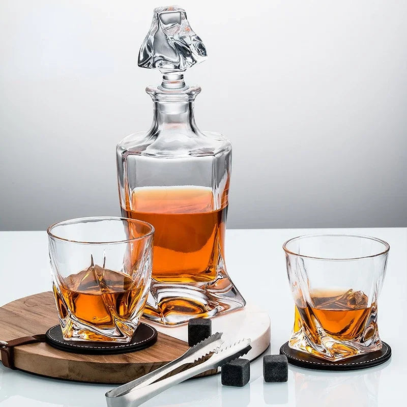 Twisted Crystal Whisky Decanter & Glasses Gift Set | wood Box
