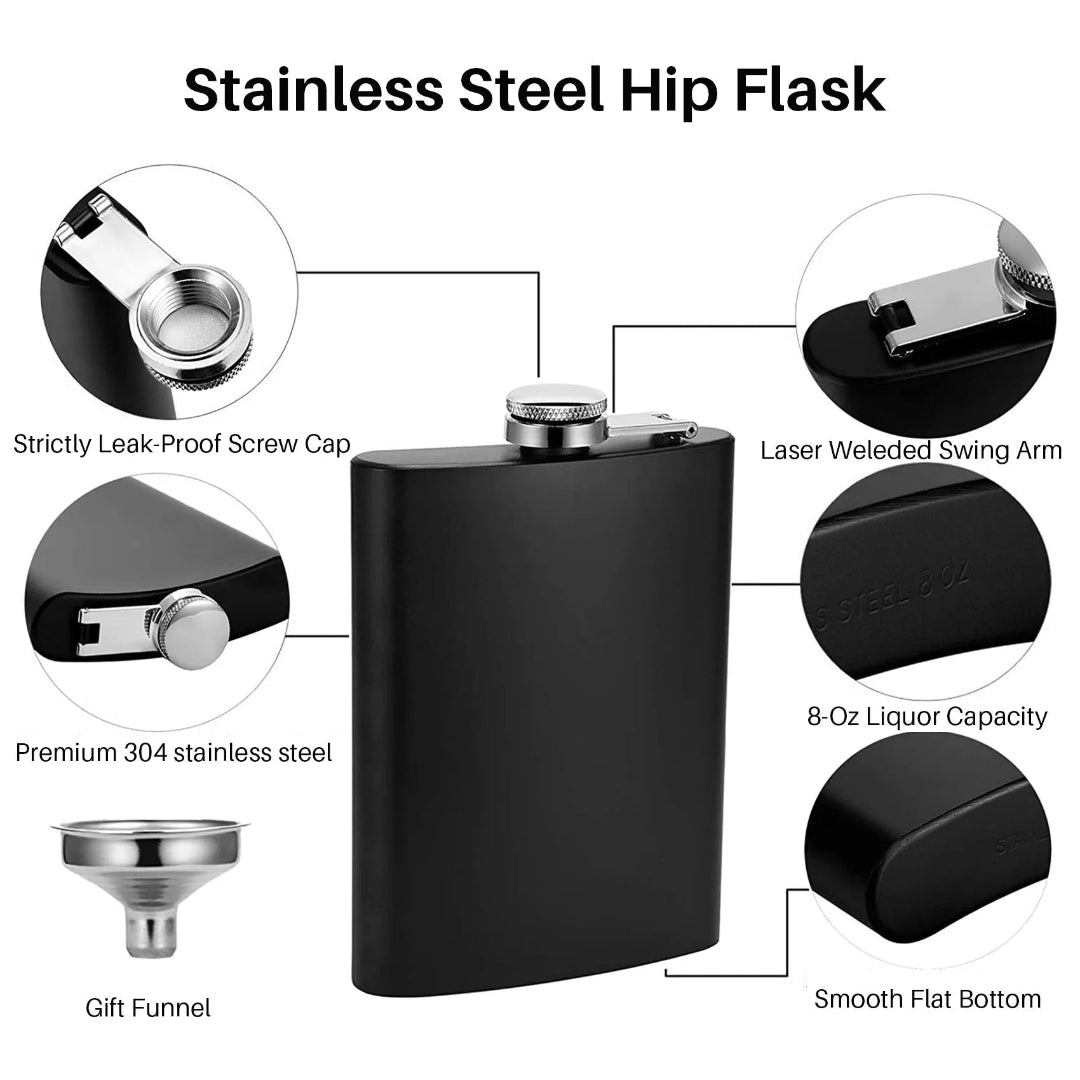 Stainless Steel Hip Flask with features highlighted on a white background