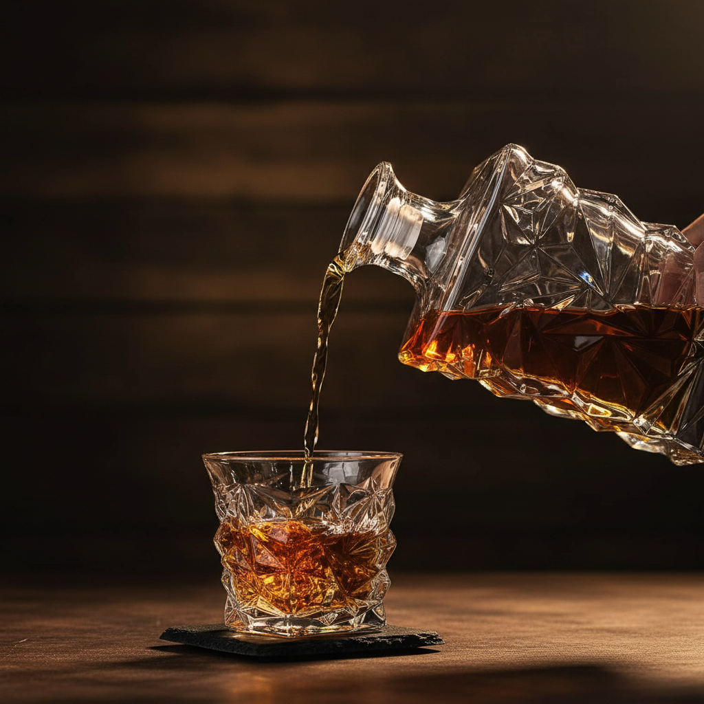 A faceted crystal decanter pouring amber liquor into a matching crystal rocks glass on a dark wooden surface, with a hand holding the decanter visible at the upper right.
