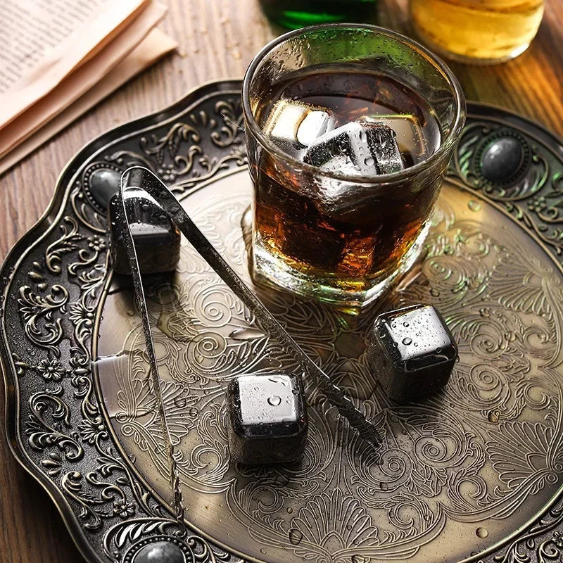 Stainless Steel Whiskey Ice Cubes - Reusable Chilling Stones with Tong