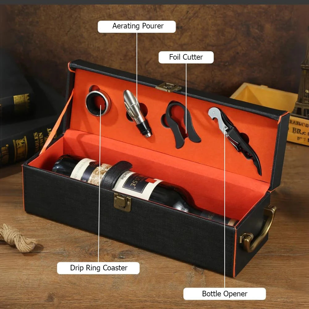 Wine set with tools in an open black and orange case on a wooden surface