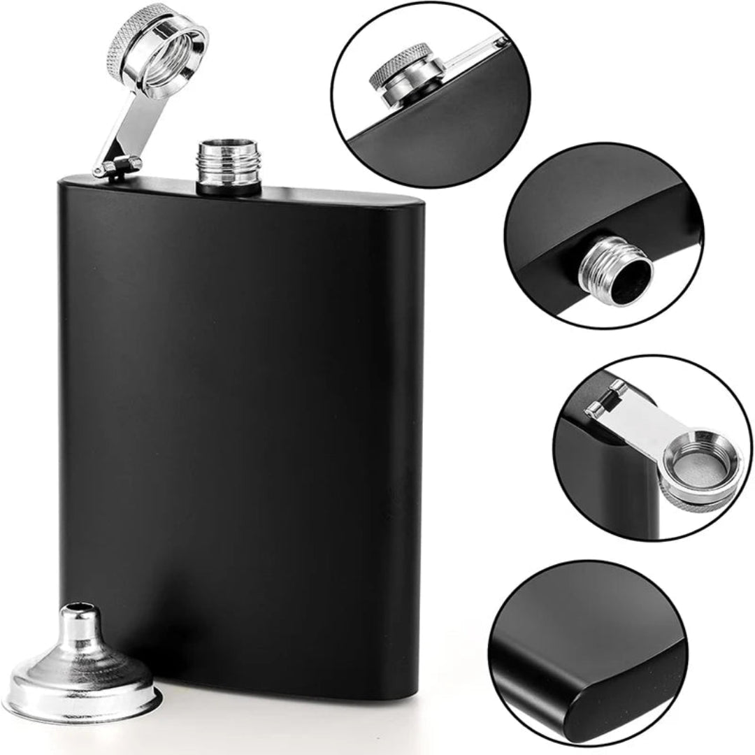 Black hip flask with close-up details on a white background