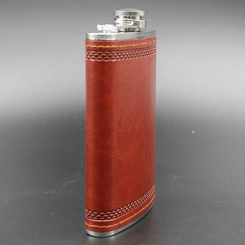 9oz Leather-Wrapped Stainless Steel Hip Flask with Funnel