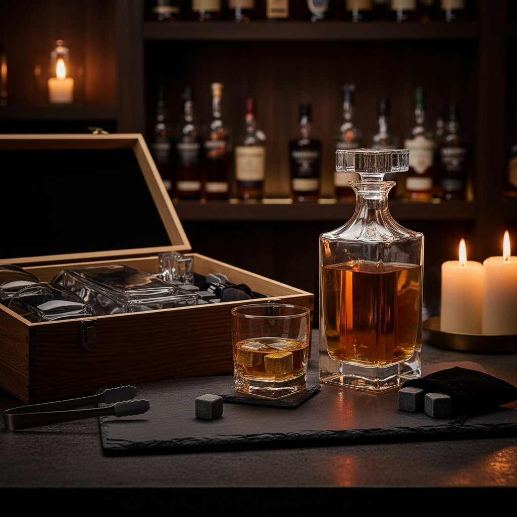 A clear glass whiskey decanter filled with amber liquor stands beside a matching glass tumbler on a dark stone surface, with an open wooden presentation box containing additional glassware. Candles are lit in the background, and blurred liquor bottles appear on a shelf behind.