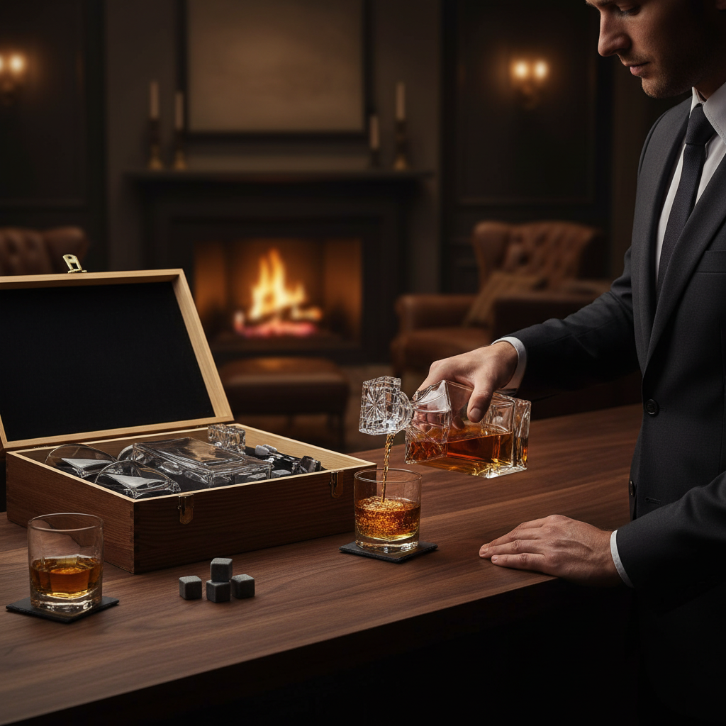 A man in a dark suit pours amber liquor from a glass decanter into two rocks glasses on a wooden bar. An open wooden presentation box filled with wrapped accessories sits nearby, with a warm fireplace and dimly lit lounge room in the background.