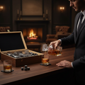 A man in a dark suit pours amber liquor from a glass decanter into two rocks glasses on a wooden bar. An open wooden presentation box filled with wrapped accessories sits nearby, with a warm fireplace and dimly lit lounge room in the background.