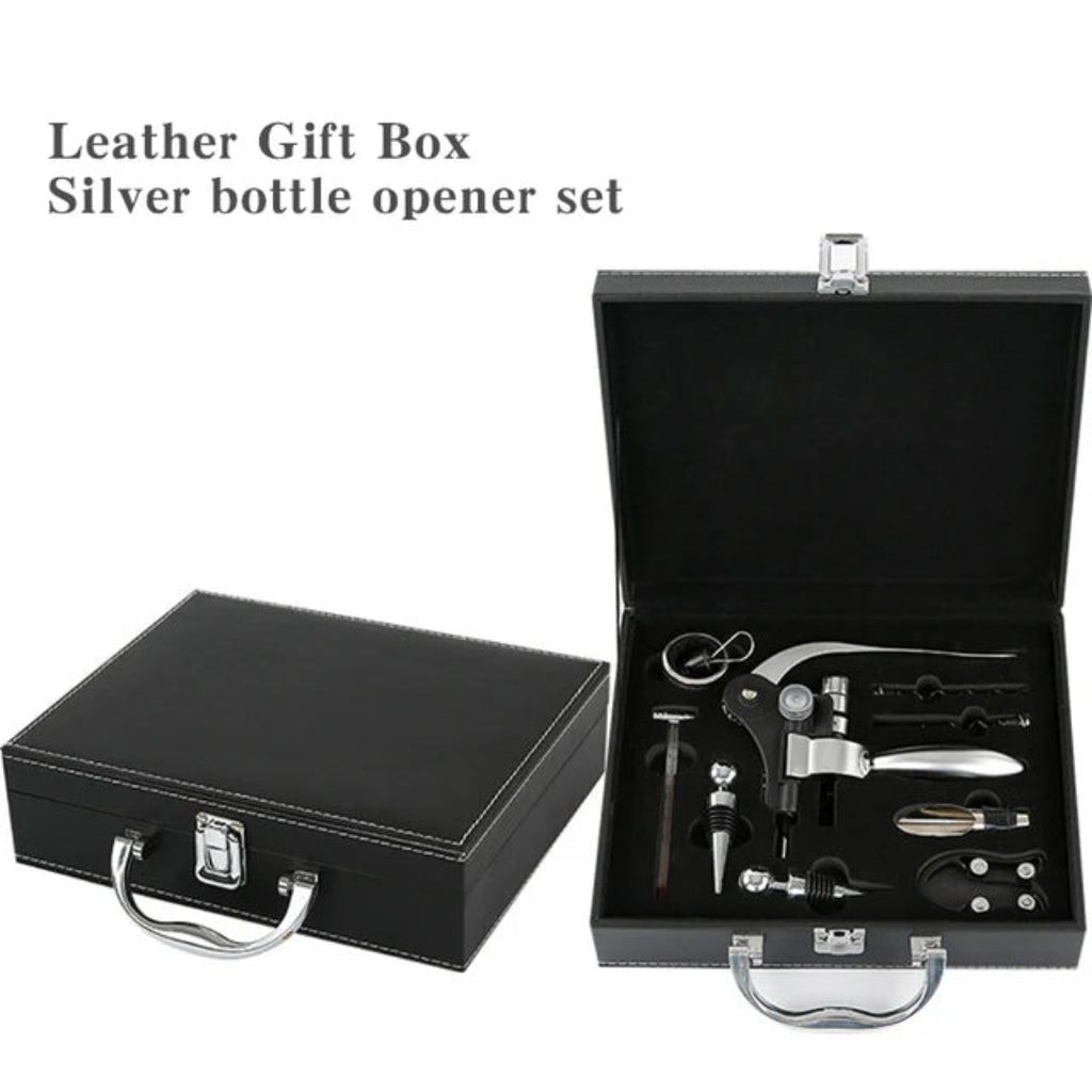Silver bottle opener set in a black leather gift box on a white background