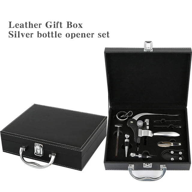 Silver bottle opener set in a black leather gift box on a white background