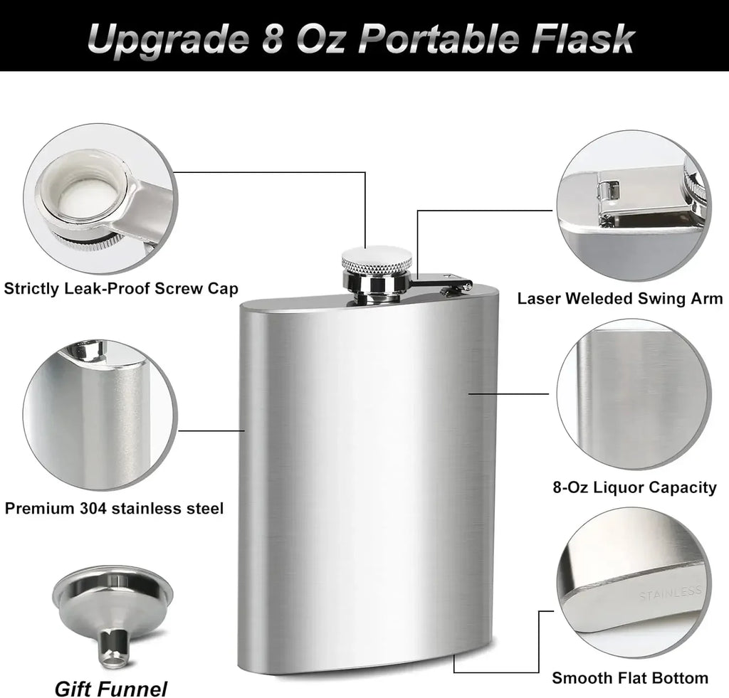 Stainless steel flask with features highlighted on a white background