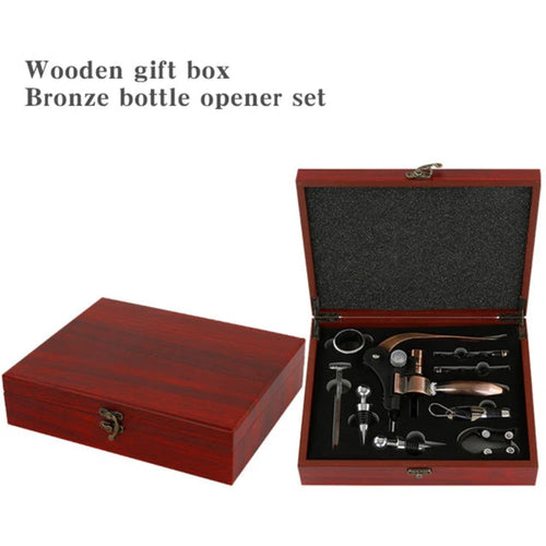 Bronze bottle opener set in a wooden gift box on a white background