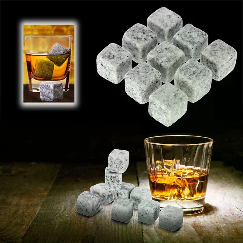 Whiskey Stones Set - 9 Granite Chilling Rocks with Velvet Bag & Metal Tong