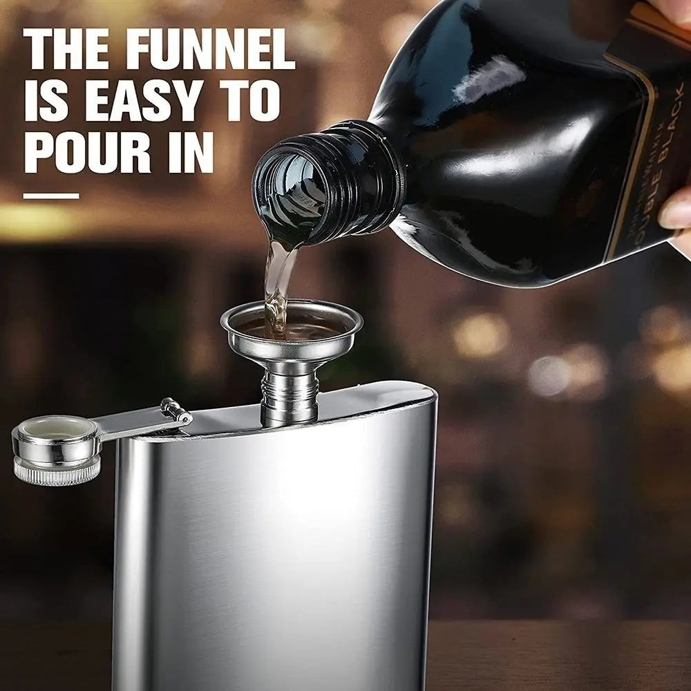 Bottle pouring liquid into a metal flask with text 'The funnel is easy to pour in'.
