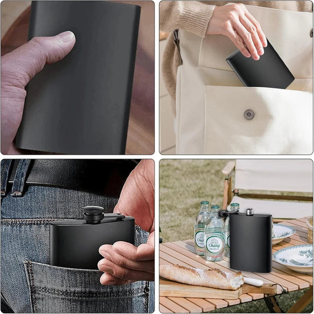 Collage of a black flask being held, placed in pockets, and used outdoors.