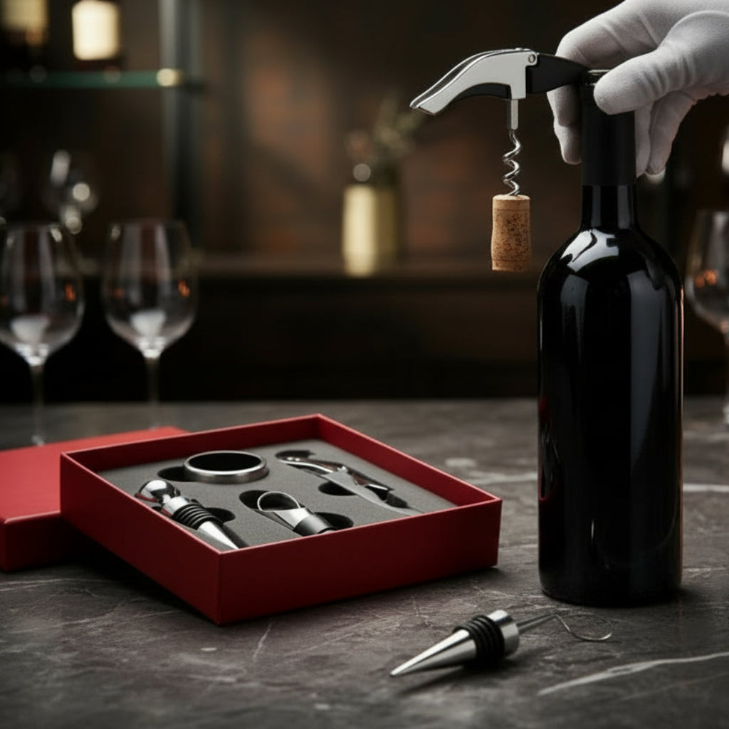 Wine tool set including a bottle opener, cork screw, and stopper in a red box.