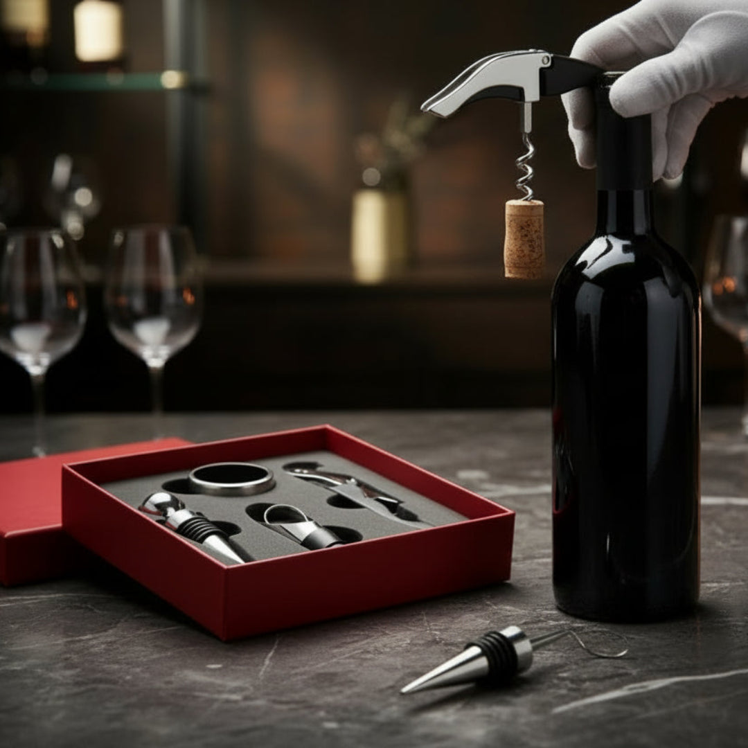 Wine tool set including a bottle opener, cork screw, and stopper in a red box.
