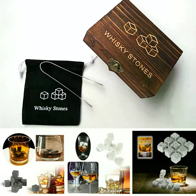 Whiskey Stones Set - 9 Granite Chilling Rocks with Velvet Bag & Metal Tong