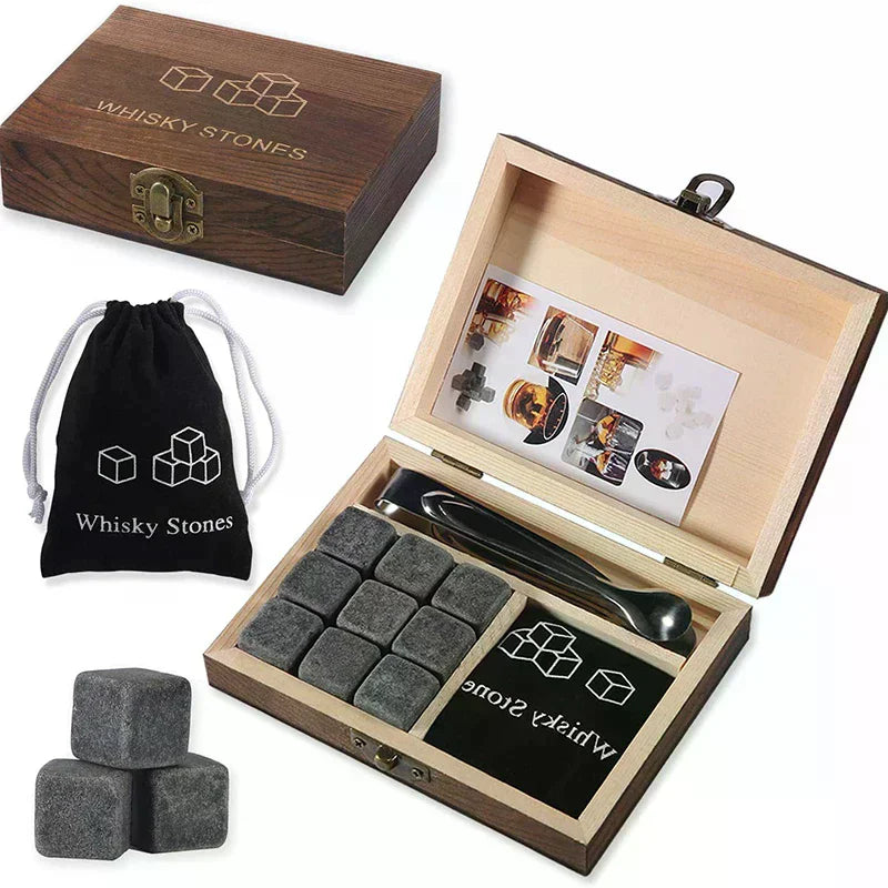 Whiskey Stones Set - 9 Granite Chilling Rocks with Velvet Bag & Metal Tong