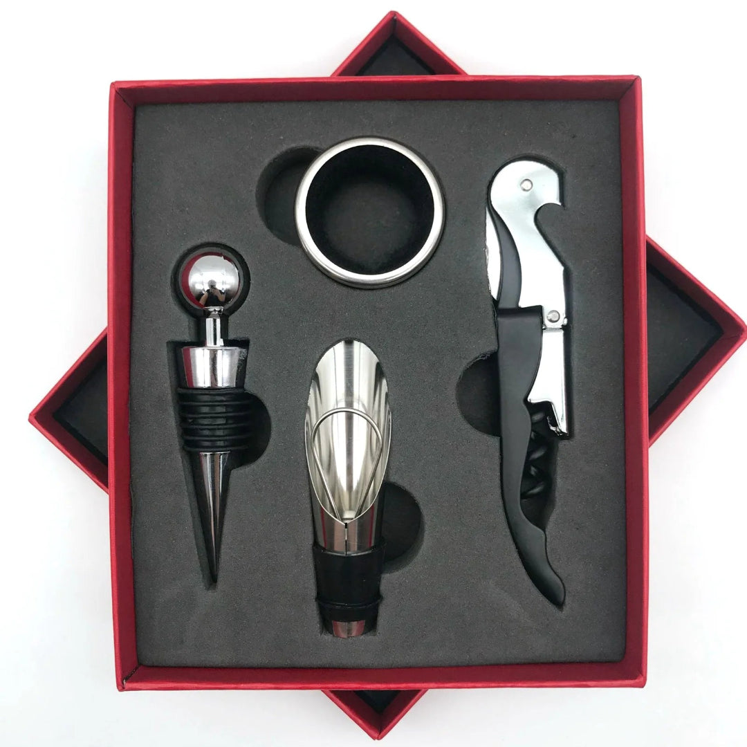 Wine tool set including a bottle opener, cork screw, and stopper in a red box.