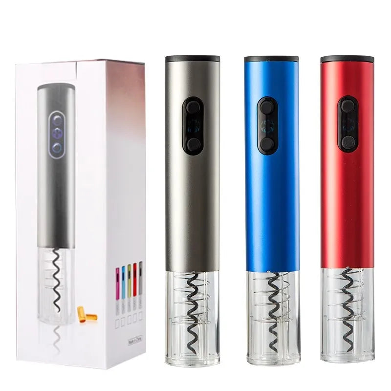 Set of electric wine openers in different colors with a packaging box on a white background