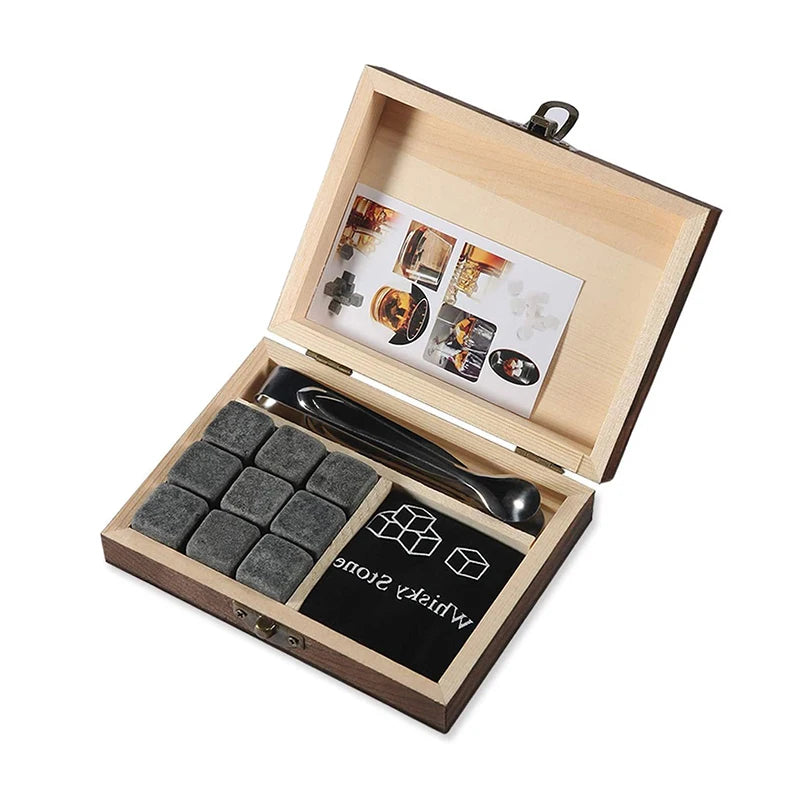 Whiskey Stones Set - 9 Granite Chilling Rocks with Velvet Bag & Metal Tong