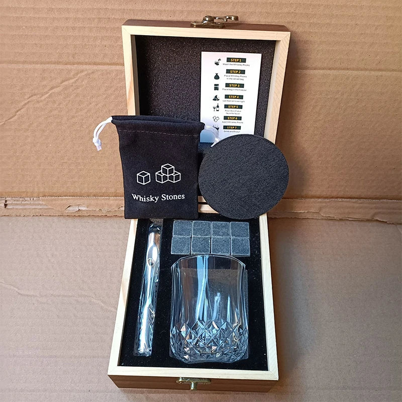 Whiskey Stones & Crystal Glass Gift Set | Wooden Gift Box