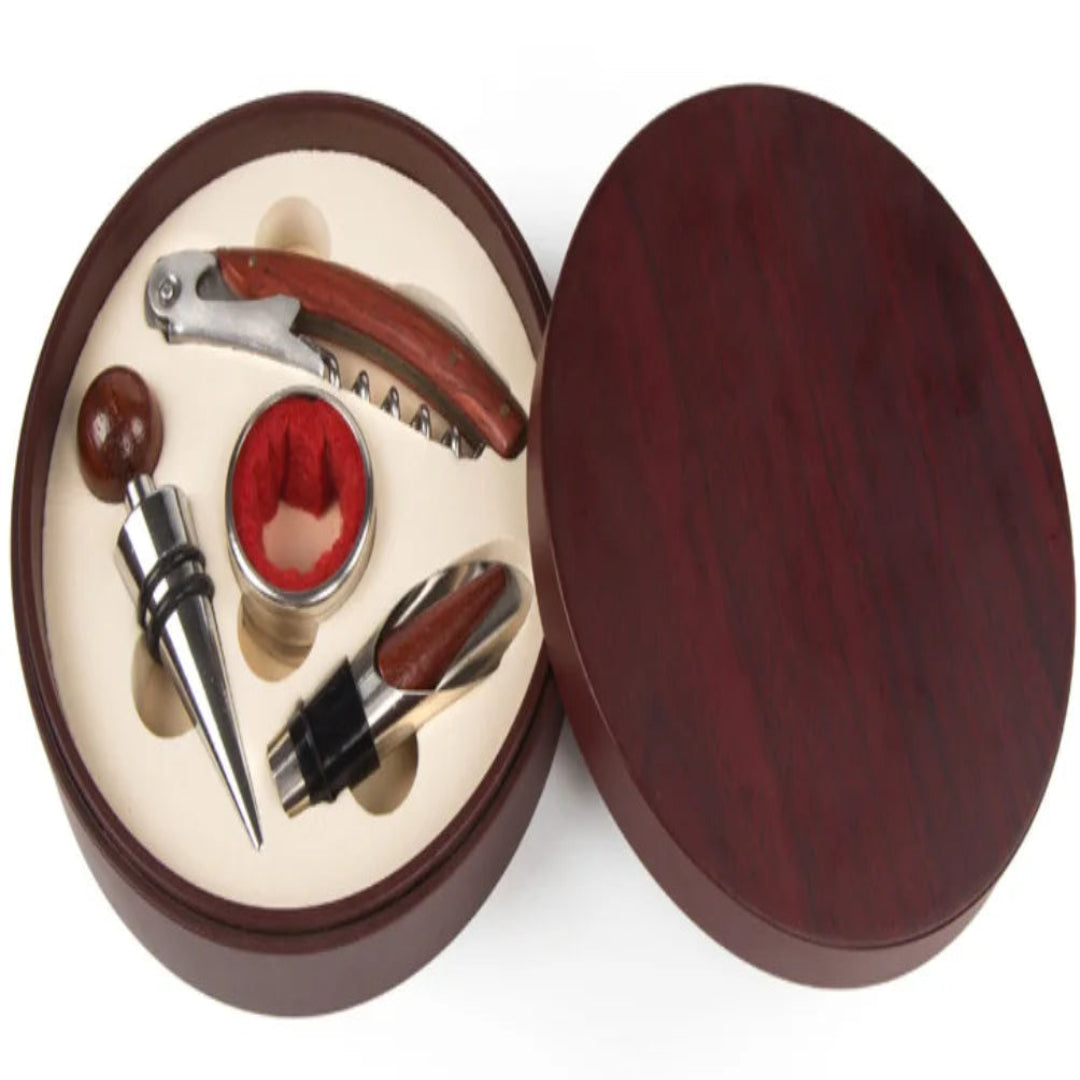 Wine accessory set in a wooden box on a white background