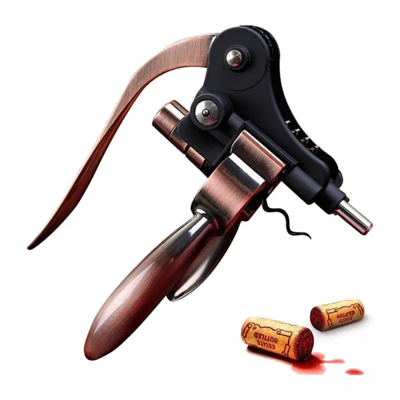 Copper corkscrew with two corks and a drop of wine on a white background