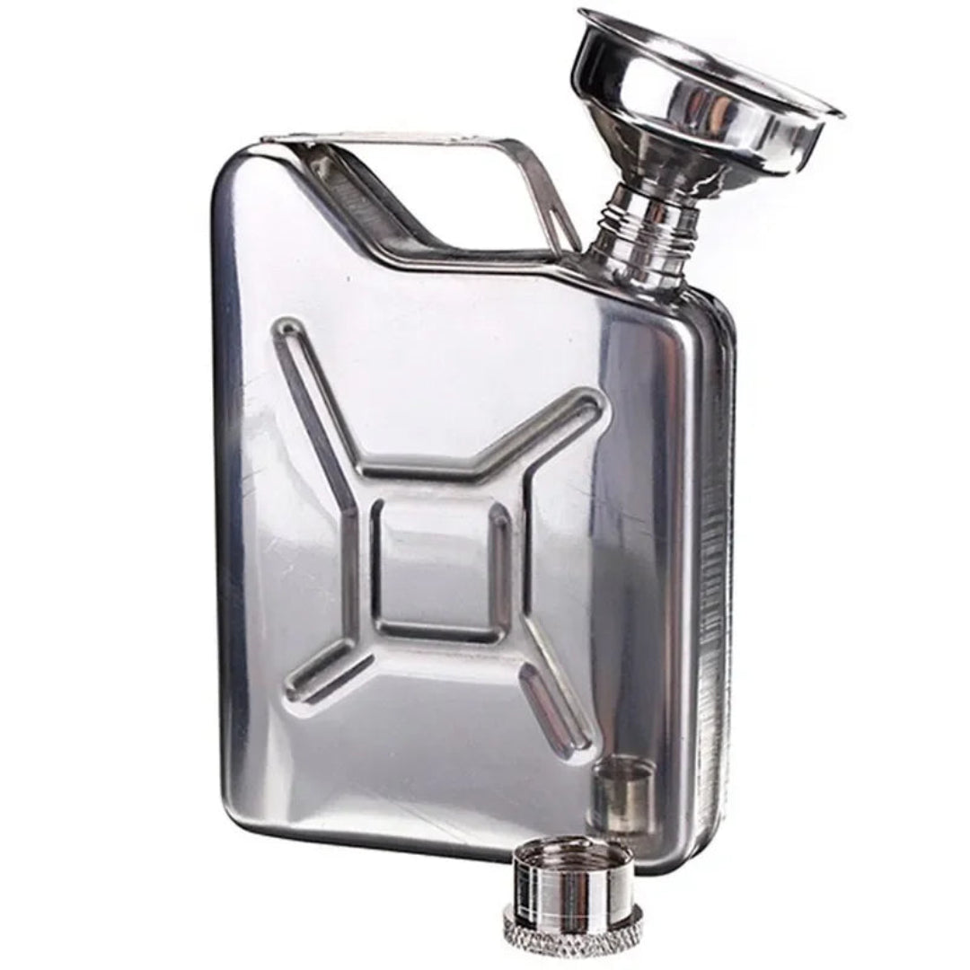 Metallic jerry can shaped flask with funnel on a white background