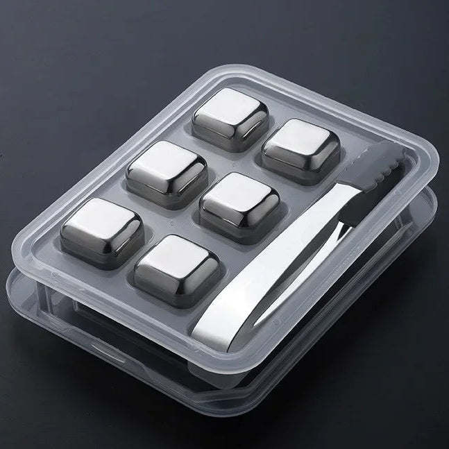 Square ice cube tray with six molds and a clip on a dark background