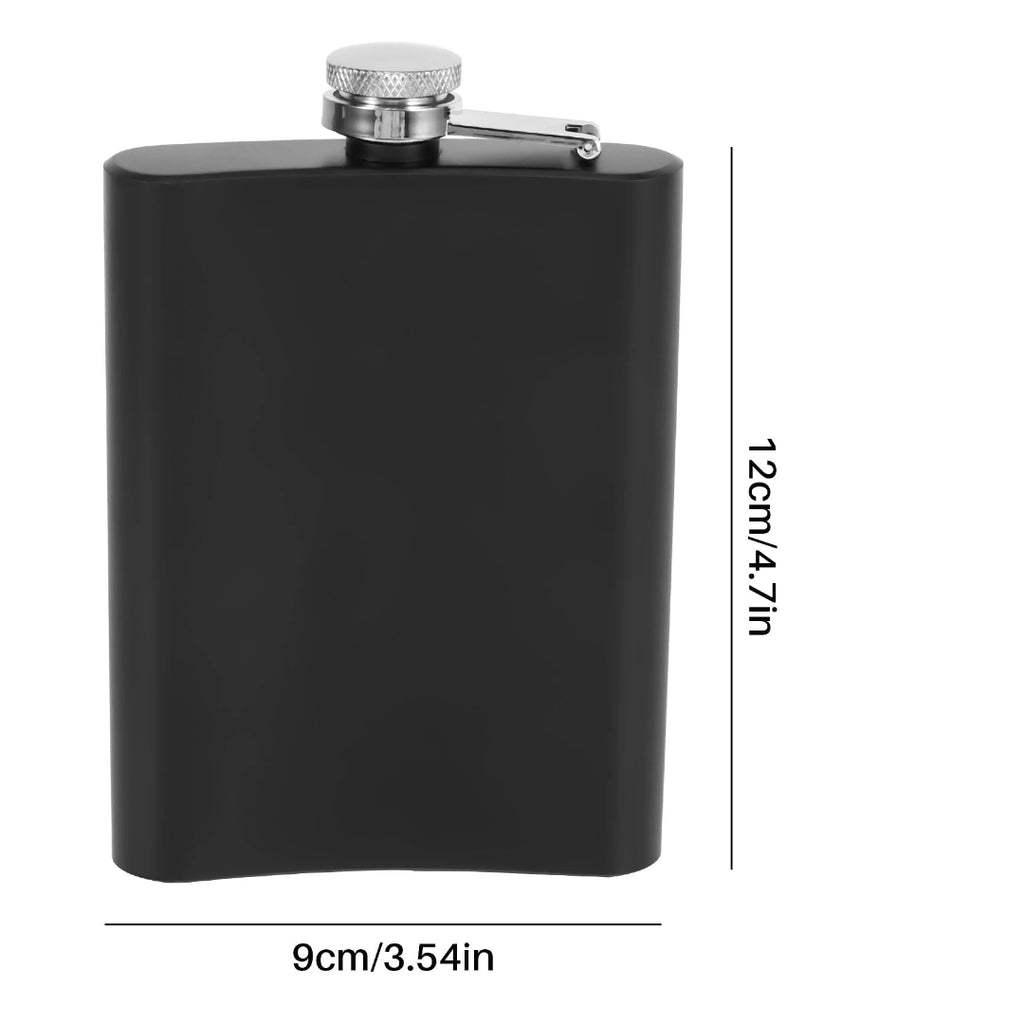 Black hip flask with dimensions on a white background